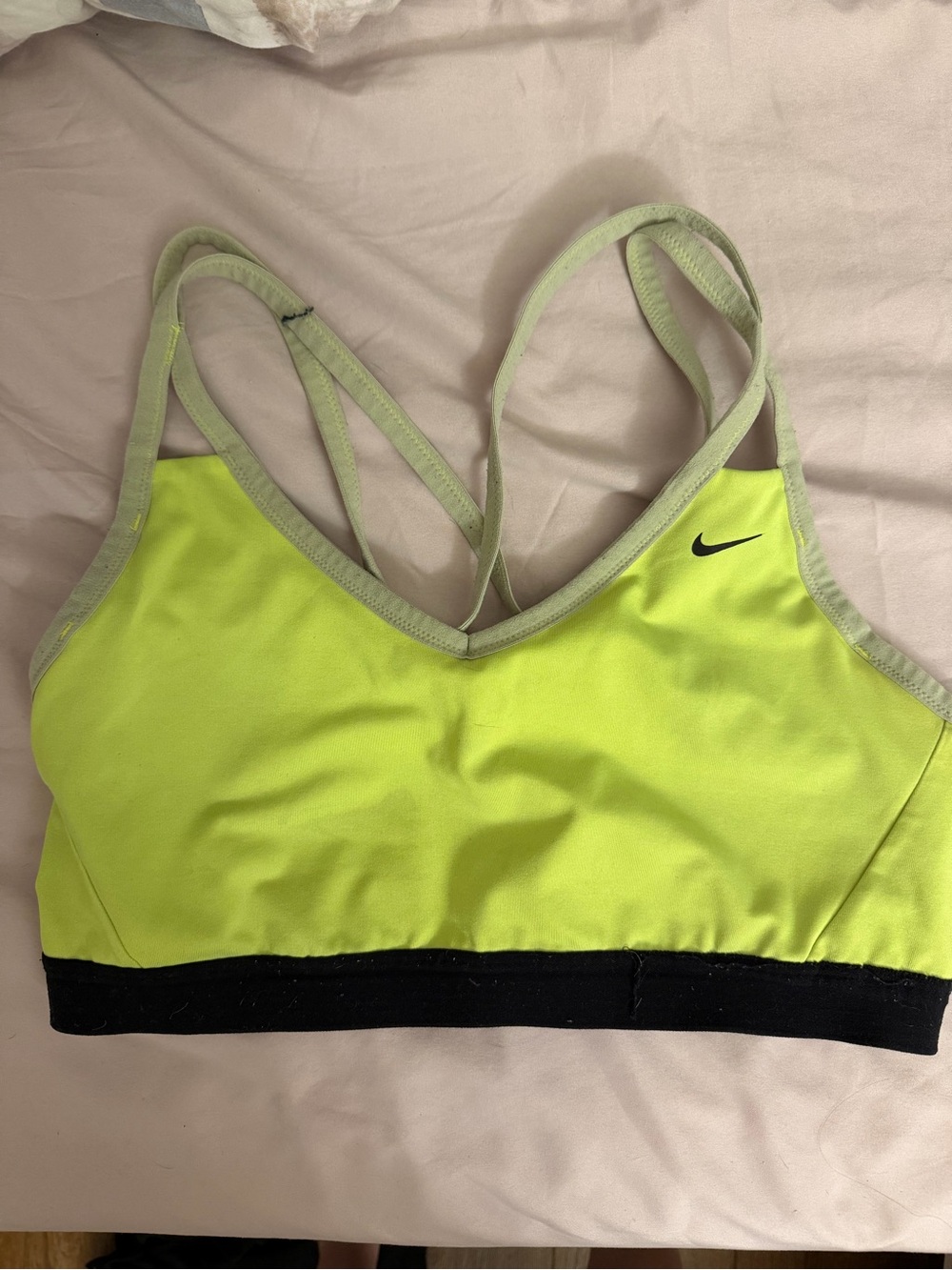 Nike Women's Neon Yellow-Green Strappy Sports Bra with Black Band